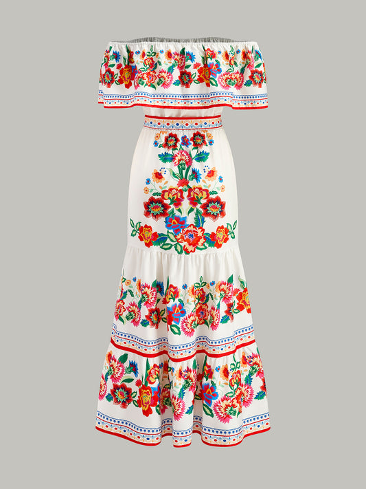 Off-Shoulder Floral Print Dress With Belt