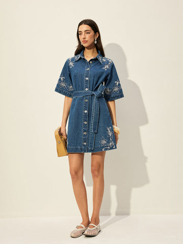 Embroidered Denim Shirt Dress With Belt