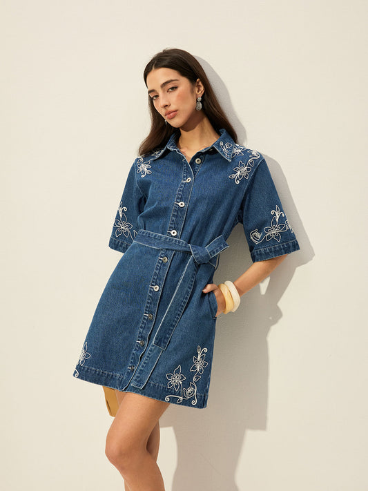 Embroidered Denim Shirt Dress With Belt