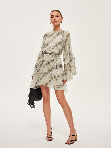 Sheer Print Ruffle Tie-Waist Dress