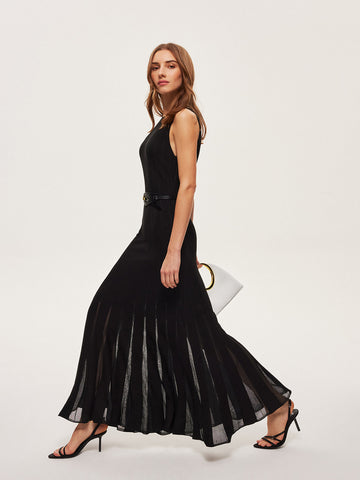 Semi-Sheer Mesh Flared Dress Without Belt