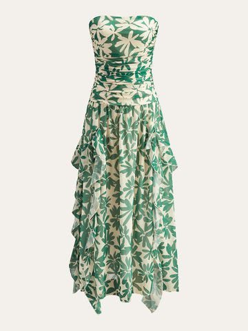 Floral Print Strapless Dress With Ruffled Detail