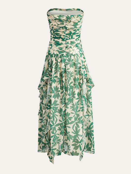 Floral Print Strapless Dress With Ruffled Detail
