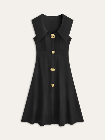 Wide Collar Button-Down Pleated Dress