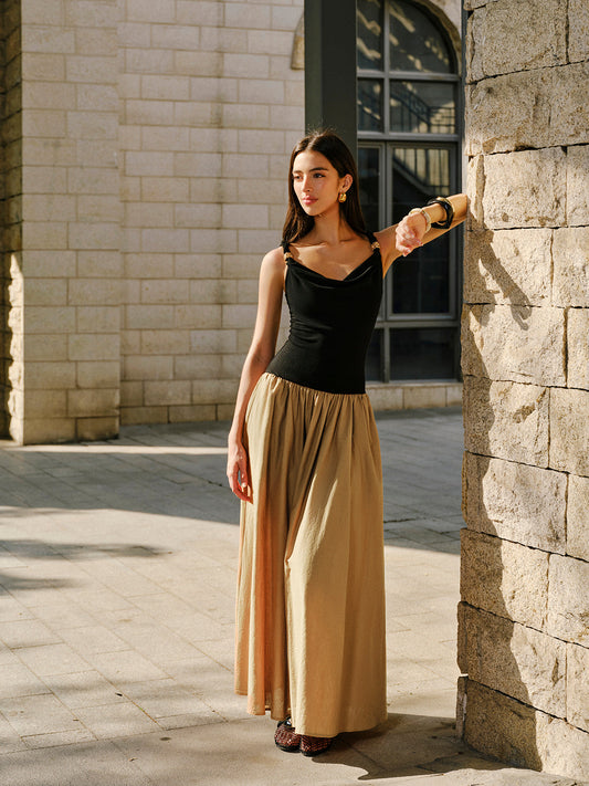 Linen & Cotton Panel Cowl Neck Metal Detail Sleeveless Dress