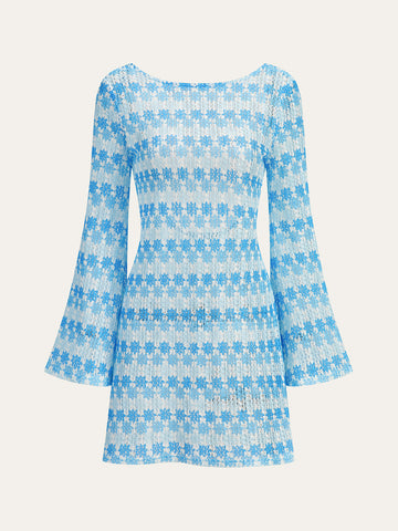Semi-Sheer Backless Crochet Dress with Flared Sleeves