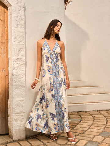 Backless Halter Neck Floral Print Dress