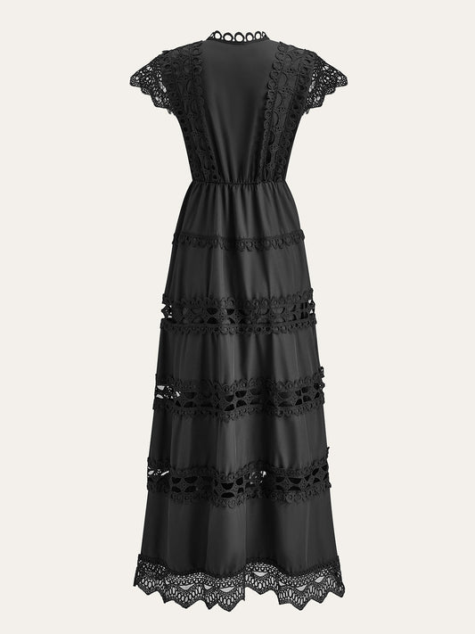 Eyelet Lace Paneled Dress With Waist Tie
