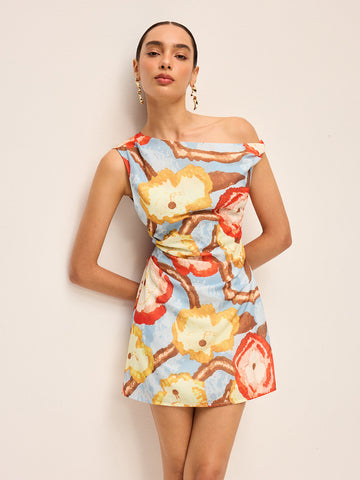 Asymmetric Neck Belted Print Dress