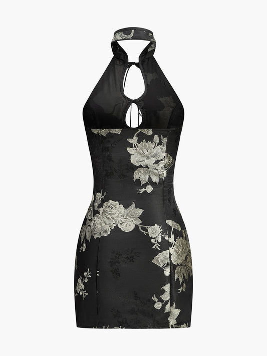 Floral Print Keyhole Detail Halter Dress