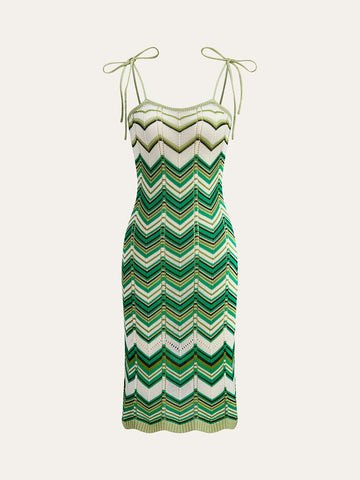 Chevron-Patterned Tie-Strap Knit Midi Dress