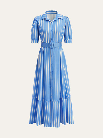Belted Striped Dress with Puff Sleeves