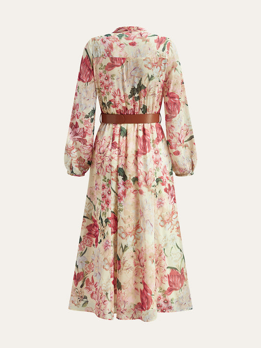 Floral Print Bow Neck Belted Maxi Dress