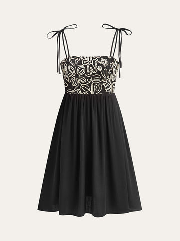 Embroidered Midi Dress with Tie-Up Straps