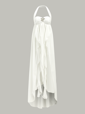Semi-Sheer Halter Ruffle Backless Maxi Dress