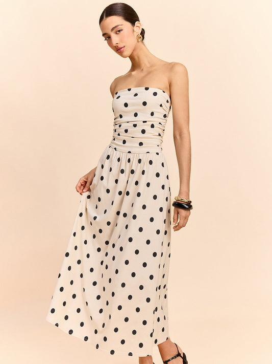 Strapless Polka Dot Ruched Midi Dress