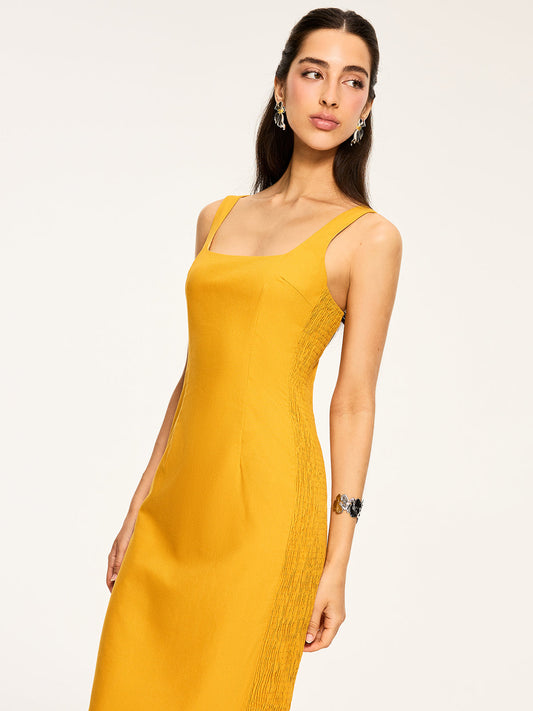 Cotton & Linen Shirred Midi Dress