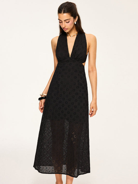 Semi-Sheer Eyelet Backless Criss-Cross Midi Dress