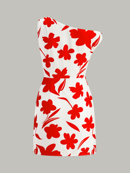 Asymmetrical Floral Print One-Shoulder Dress