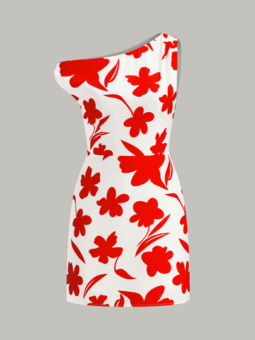 Asymmetrical Floral Print One-Shoulder Dress