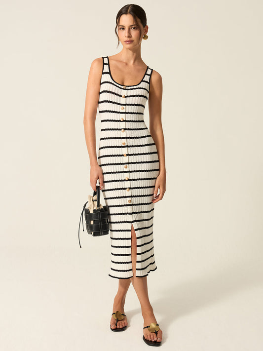 Striped Knit Midi Dress with Front Buttons and Slit Detail