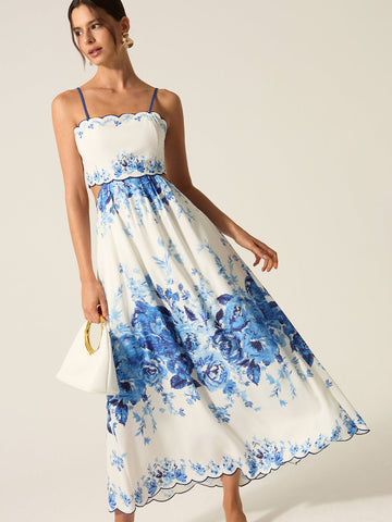Pocketed Floral Print Cut-Out Maxi Dress