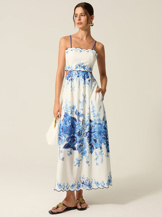 Pocketed Floral Print Cut-Out Maxi Dress