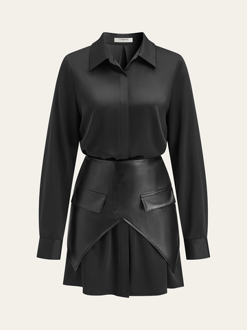 Satin Shirt Dress with Faux Leather Overlay