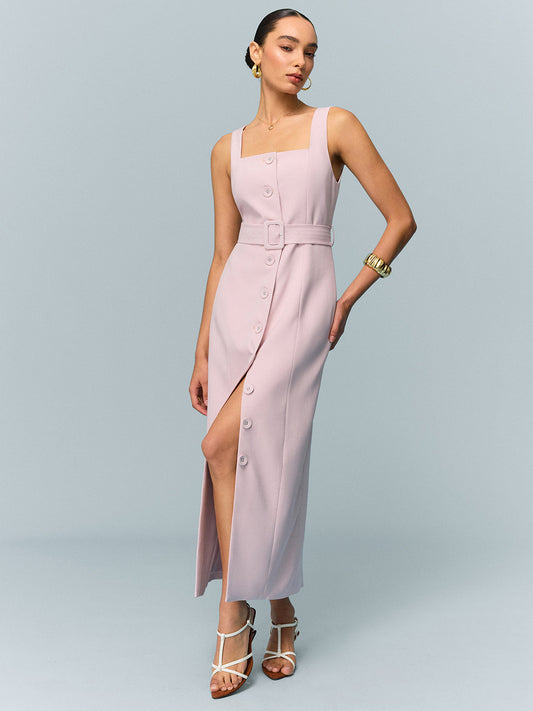 Belted Button-Front Maxi Dress