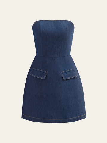 Strapless Denim Mini Dress with Decor Pockets