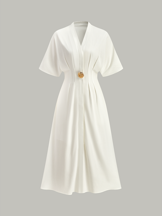 Metal Decor V-Neck Midi Dress