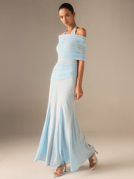 Semi-Sheer Elastic Mesh Ruched Maxi Dress