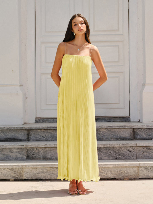 Spaghetti-Strapped Vertical-Pleated Maxi Dress