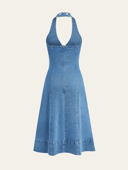 Semi-Sheer Halter Neck Cut-Out Denim Dress