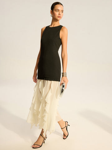 2 in 1 Semi-Sheer Ruffled Hem Maxi Dress