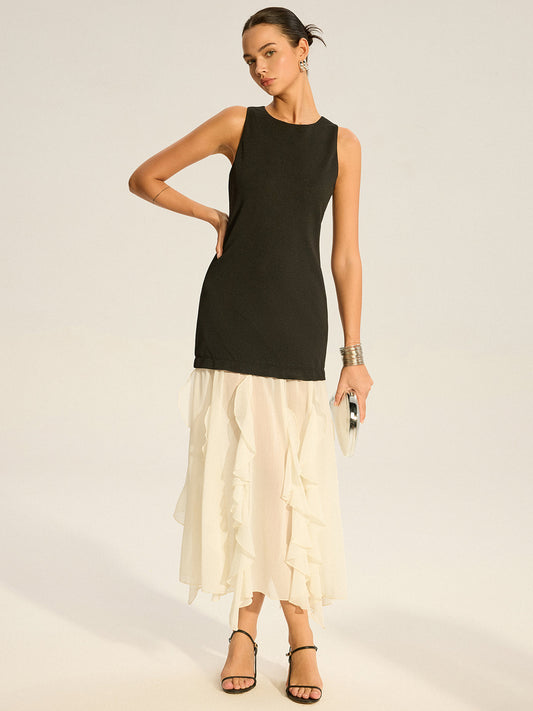 2 in 1 Semi-Sheer Ruffled Hem Maxi Dress