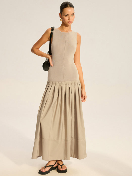 Sleeveless Knit-Top Pleated Midi Dress