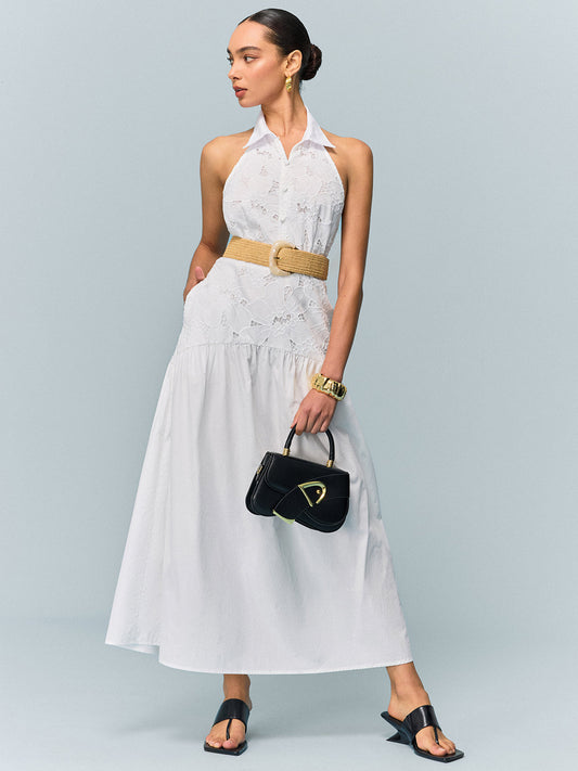 Pocketed Halter Neck Embroidered Dress with Non-Belted