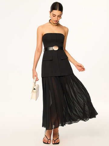 Semi-Sheer Strapless Belted Midi Dress with Chiffon Hem