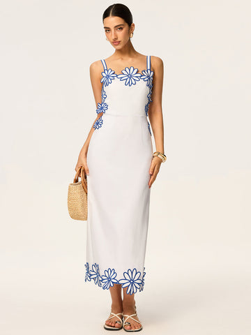 Semi-Sheer Floral Embroidery Back Bow Maxi Dress