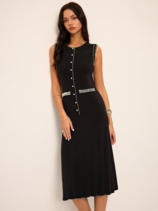 Pearl  Detail Sleeveless Knit Midi Dres