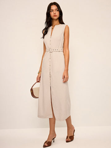Cotton & Linen Blend V-Neck Belted Midi Dress