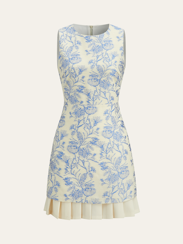 Floral Printed Sleeveless Dress with Pleated Hem