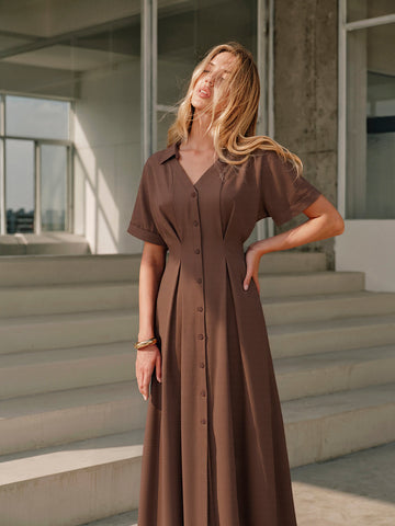 Pleated Button-Front Shirt Dress