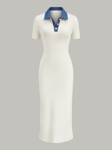 Denim-Collar Buttoned Polo Knit Midi Dress