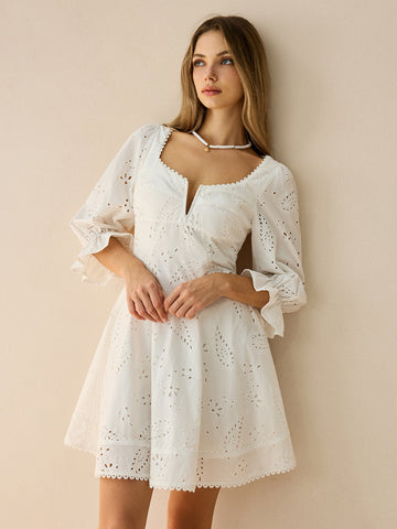 Cotton Scalloped Edge Eyelet Mini Dress