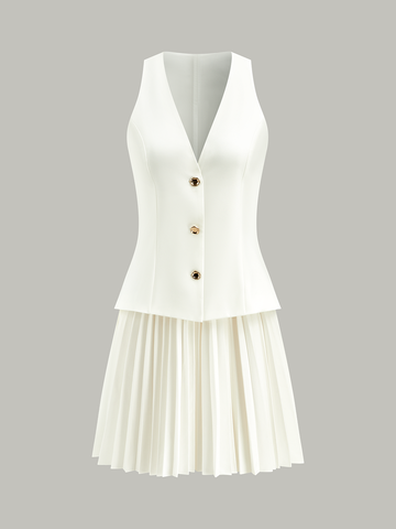 Sleeveless Buttoned Vest-Style Pleated Dress