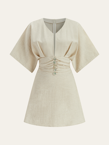Cotton & Linen Ruched Button Detail Mini Dress