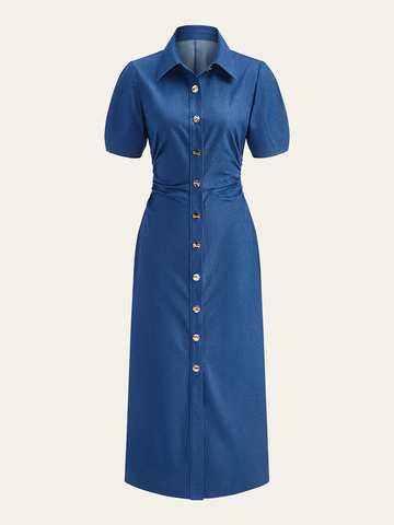 Ruched Polo-Collar Button-Front Midi Dress