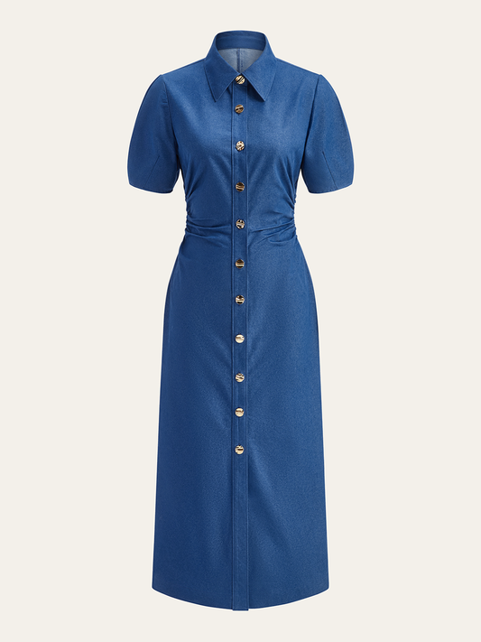 Ruched Polo-Collar Button-Front Midi Dress